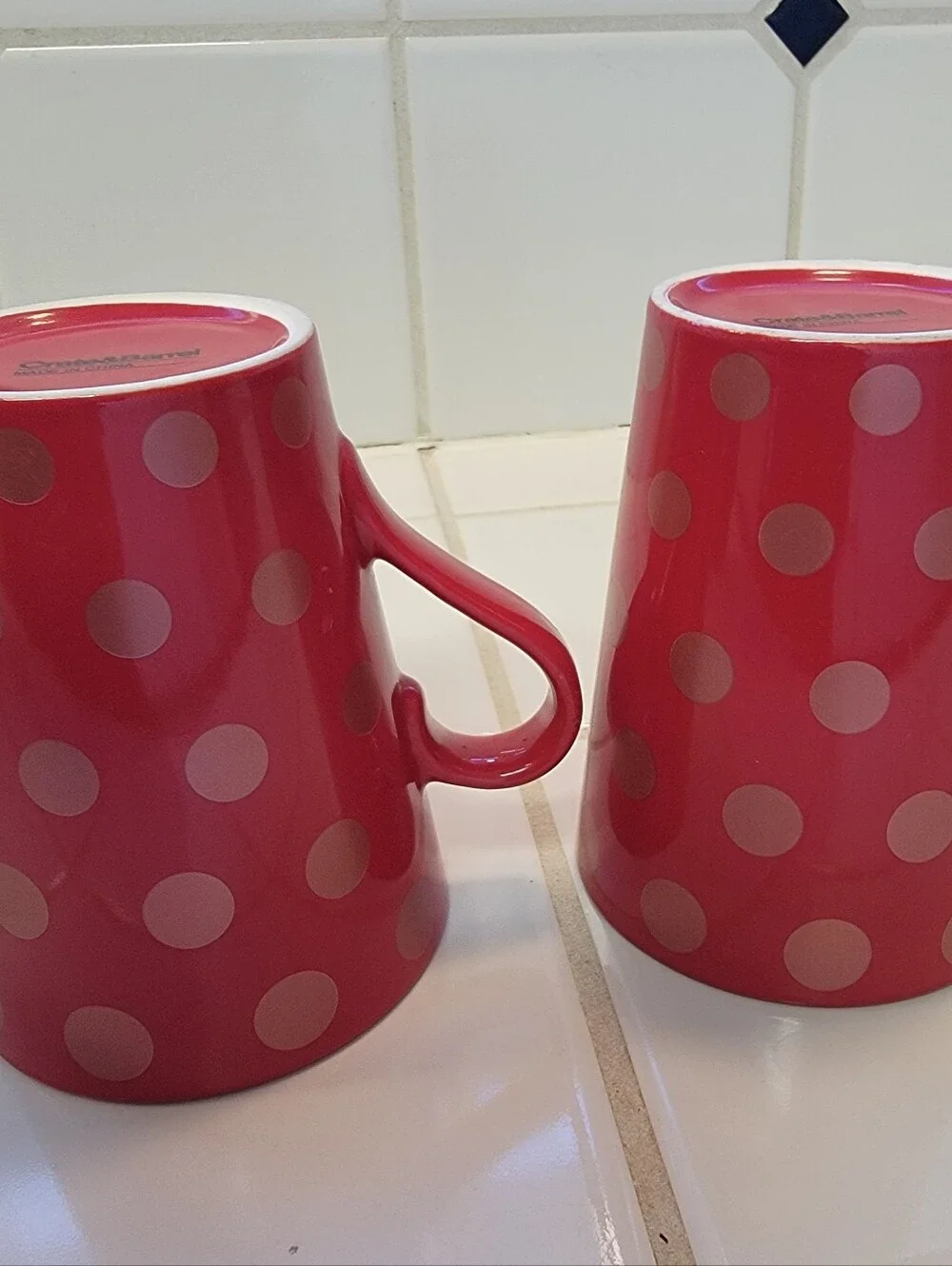 Crate & Barrel Red Polka Dot Ceramic Coffee Mugs - Set of 2